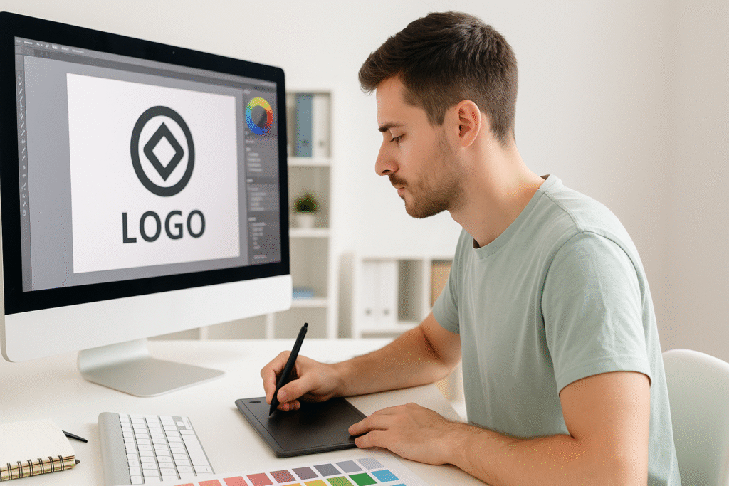 Focused young graphic designer creating a logo using a digital drawing tablet and desktop computer.