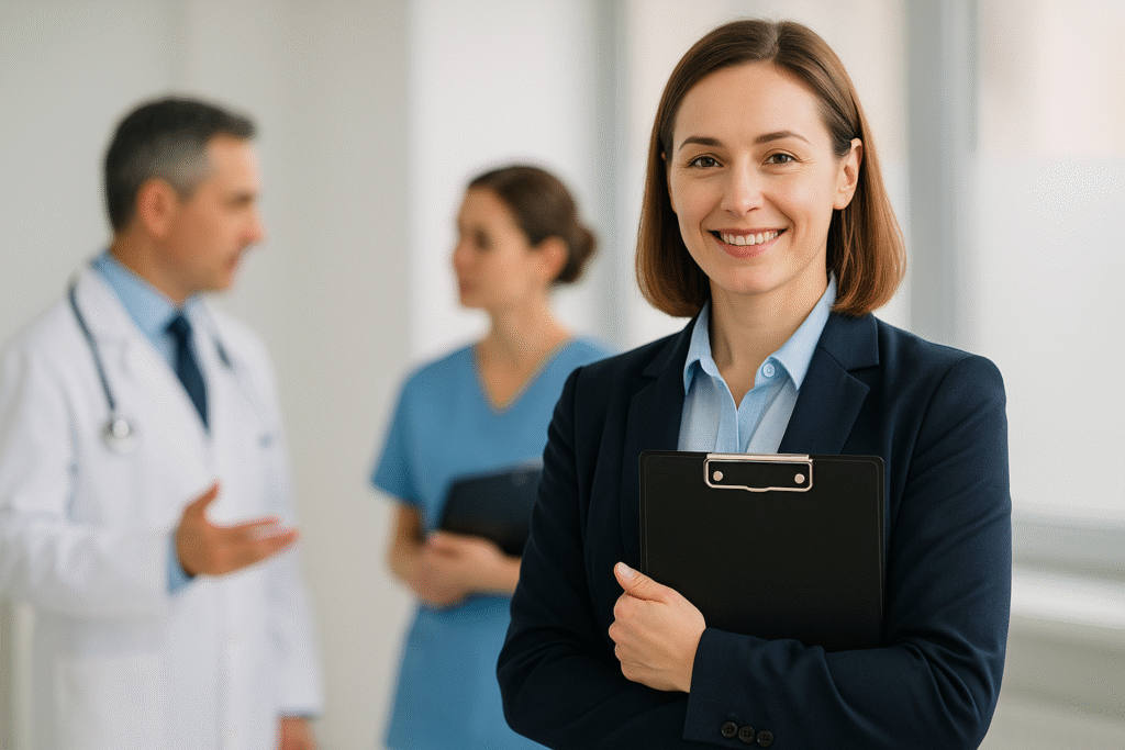 Smiling female hospital administrator holding a clipboard with medical professionals in the background.