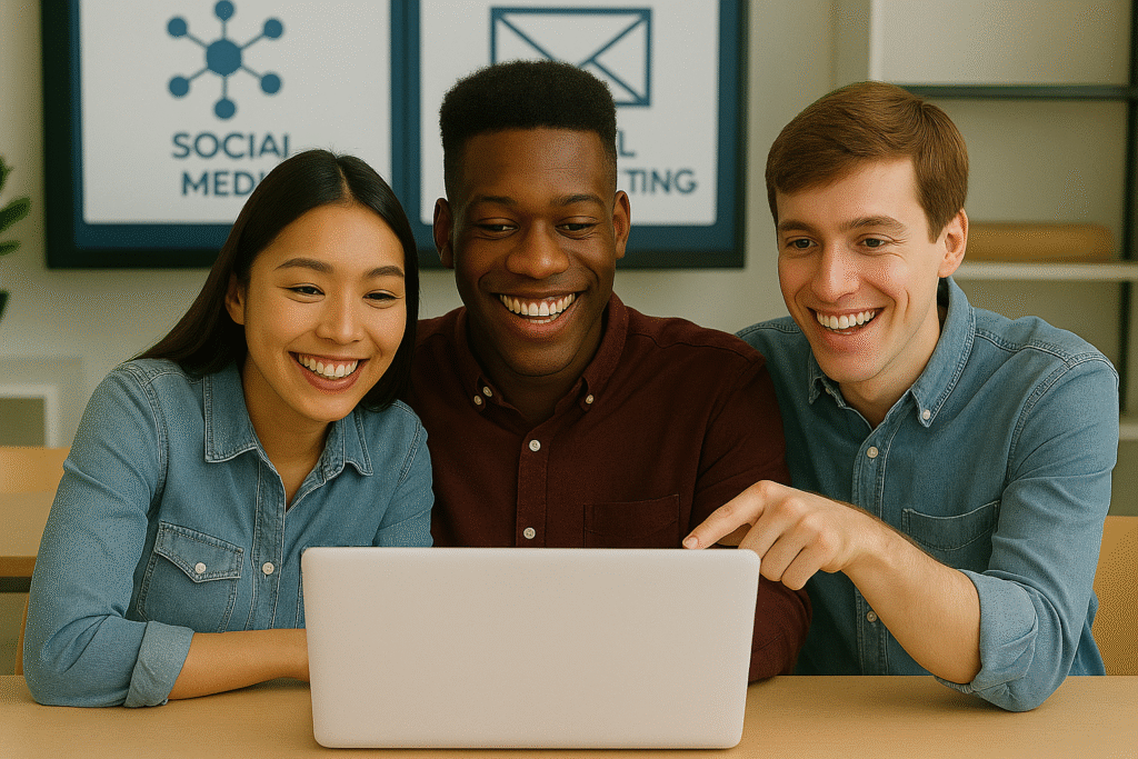 Group of young professionals learning digital marketing together on a laptop.