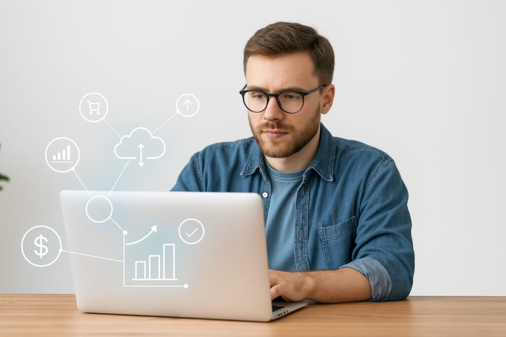 Focused young man analyzing digital marketing data on a laptop with cloud and graph icons representing online marketing strategies.
